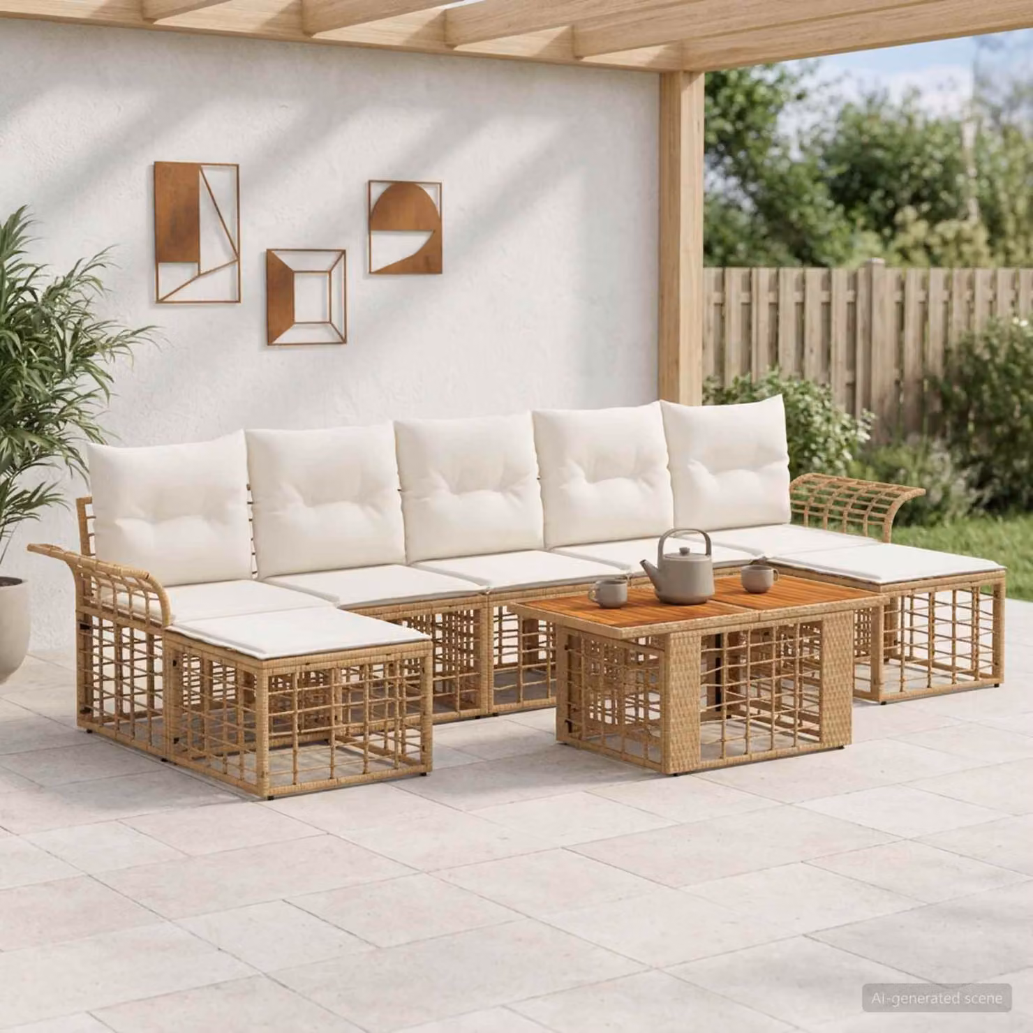 Set Divano da Giardino 8 pz vidaXL in Polyrattan con Cuscini, Colore Naturale e Bianco Crema