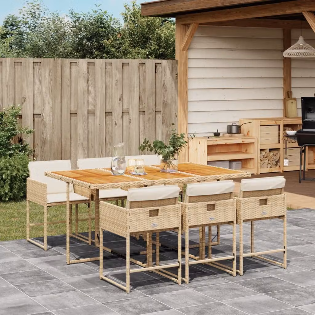 vidaXL Set da Pranzo da Giardino 7 pz in Polyrattan con Cuscini Beige e Legno di Acacia – 1