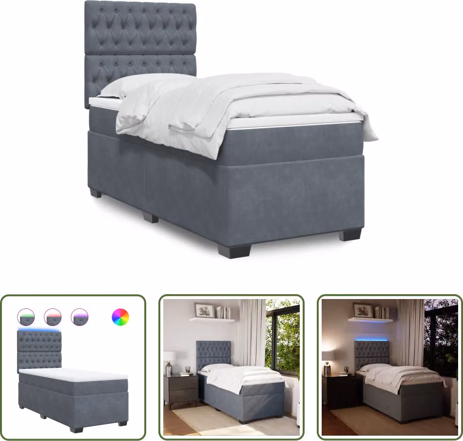 The Living Store Letto a molle con materasso grigio scuro 90x190 cm in velluto