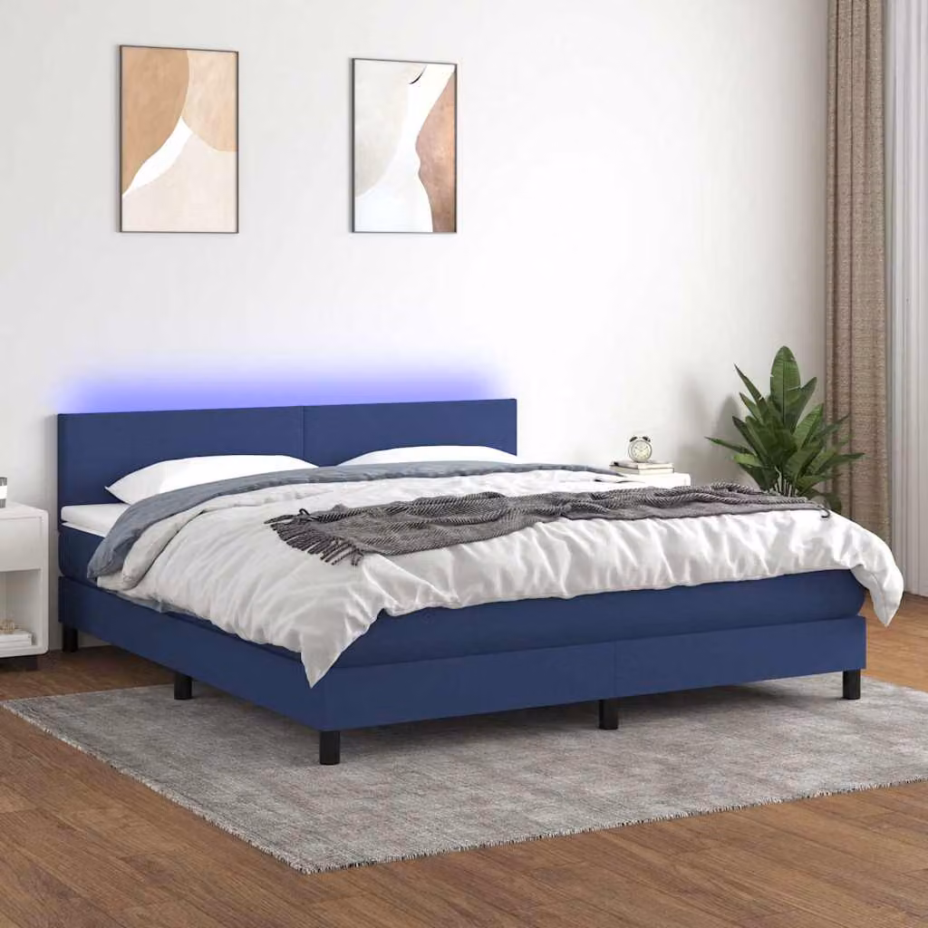 Letto Ibrido vidaXL con Materasso, Illuminazione LED Blu e Porte USB, Tessuto Blu e Bianco, L/P: 180 x 200 cm – 1