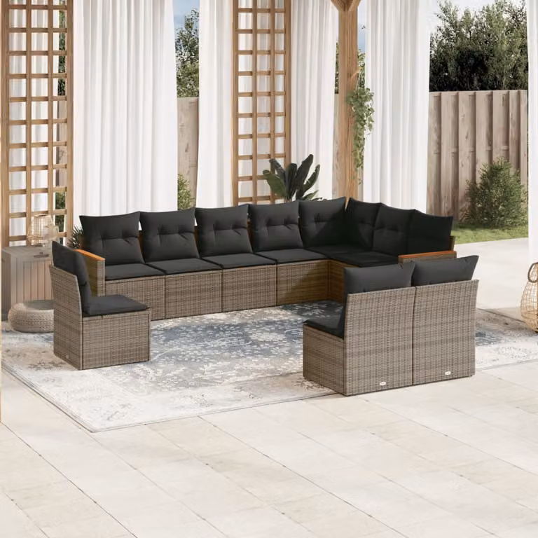 vidaXL Set Divano da Giardino a L 10 pz con Cuscini Grigio in Polyrattan e Struttura in Acciaio