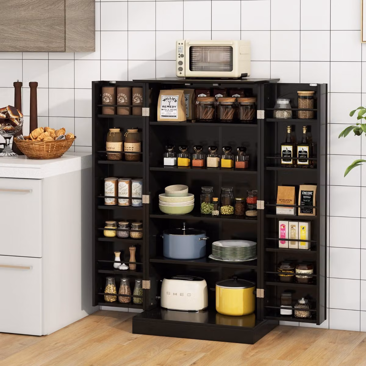 Costway Mobile da cucina con 2 ante e dispositivi anti-ribaltamento contenitore, Mobile credenza per soggiorno Nero