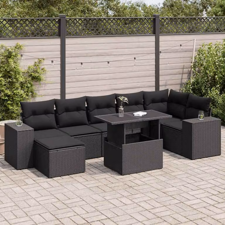 Set Divani da Giardino vidaXL a Forma di L con Cuscini e Tavolino, 8 Pezzi, Nero