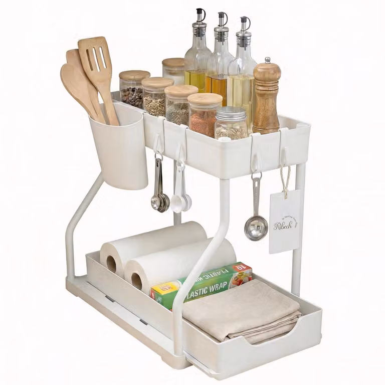 Ripiano sotto lavello, 2 livelli, estensibile, con cassetto e contenitore a parete, bianco, 37,5 x 20,5 x 33,5 cm