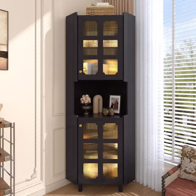 Armadio angolare Minimal nero lucido in MDF con ante in vetro e illuminazione integrata per soggiorno, camera o bagno, H: 157.5 cm, L: 63.5 cm, P: 63.5 cm – 1