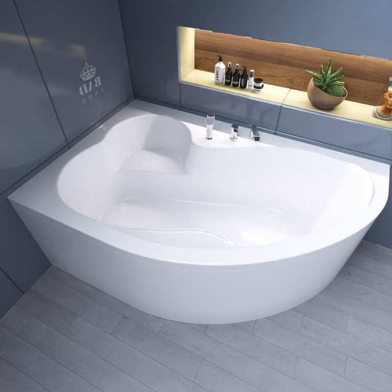 Vasca da bagno angolare 160x105 a sinistra con grembiule in acrilico, set di scarico e piedini GRATIS | set completo 4in1 vasca da bagno originale in acrilico sifone | BADLAND MEGA