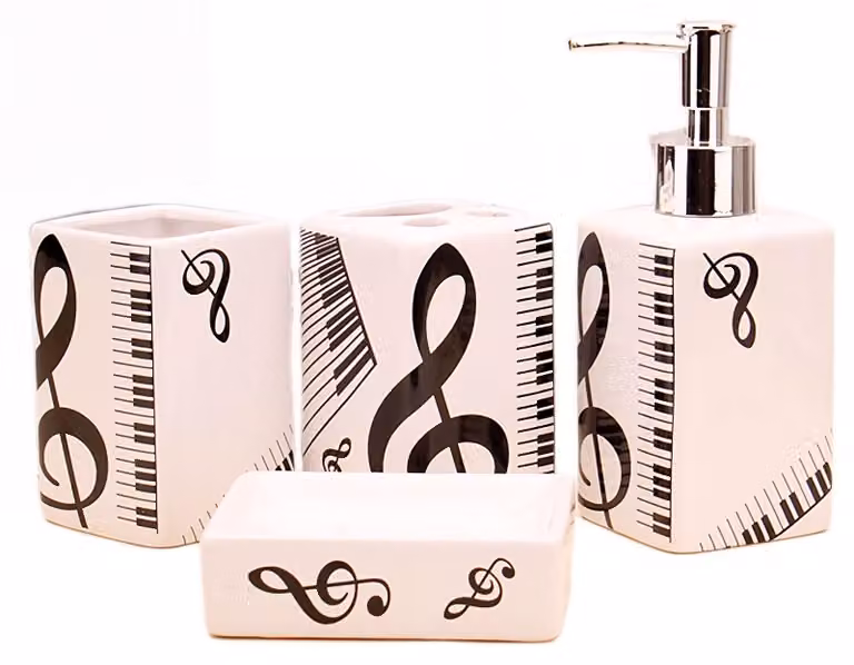 Set di accessori eleganti per il bagno a tema note musicali, include portaspazzolino
