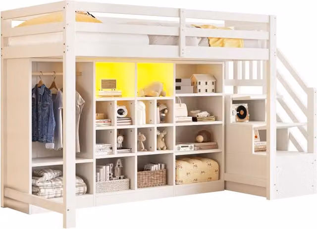 Letto a soppalco singolo REDOM in legno e MDF bianco con scala, armadio, ripiani e illuminazione LED, L/P/H: 200 x 90 x 159,2 cm