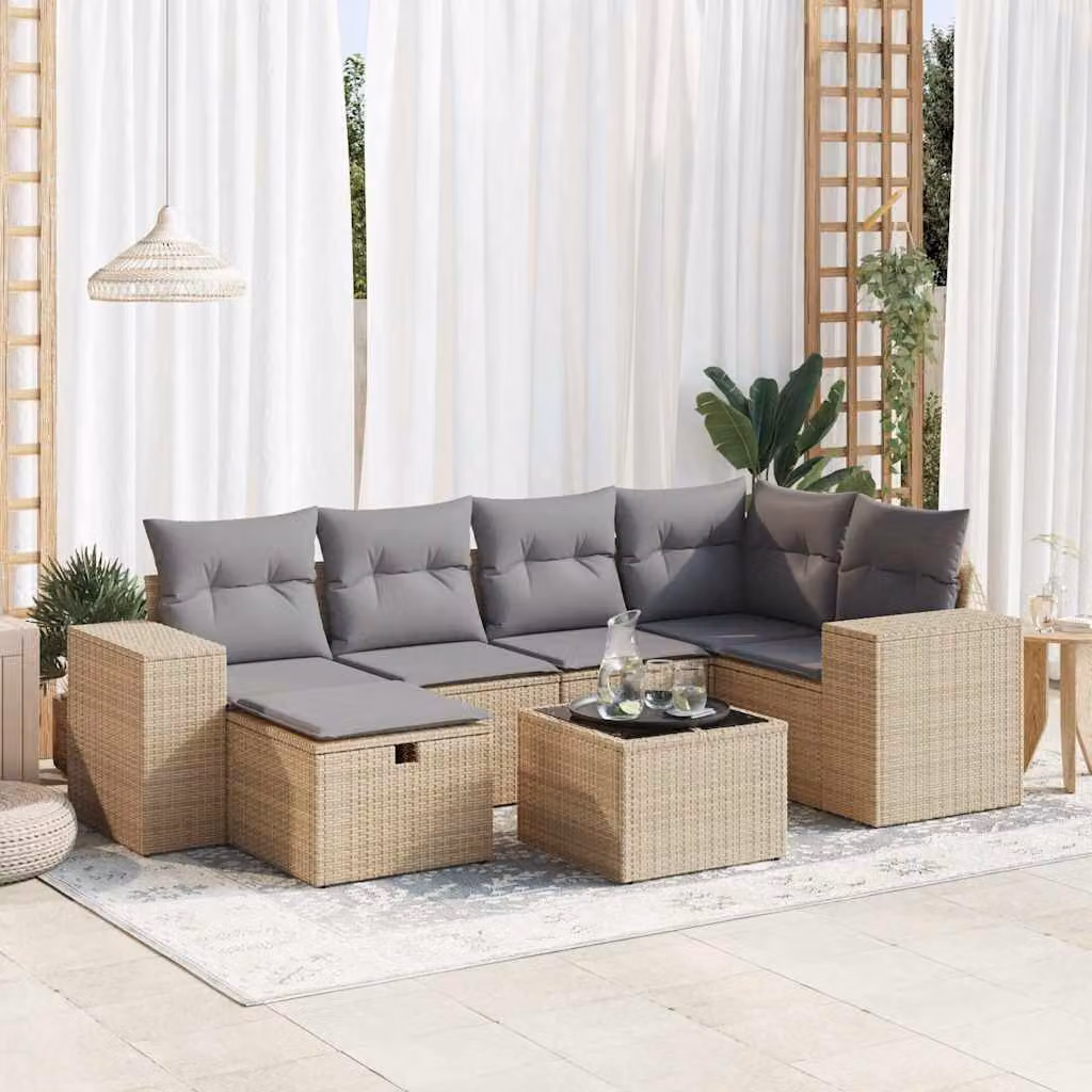 Set di divani da giardino vidaXL in polyrattan con cuscini beige per 7 persone