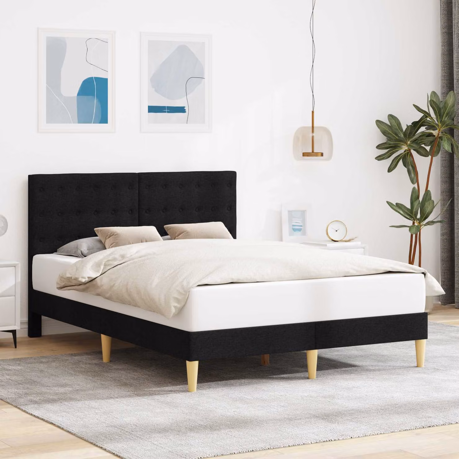 Struttura del letto con testiera vidaXL in tessuto nero L 140 x H 144 x P 202 cm