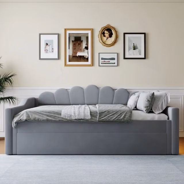 Letto da giorno imbottito grigio 140x200 cm con LED e letto estraibile