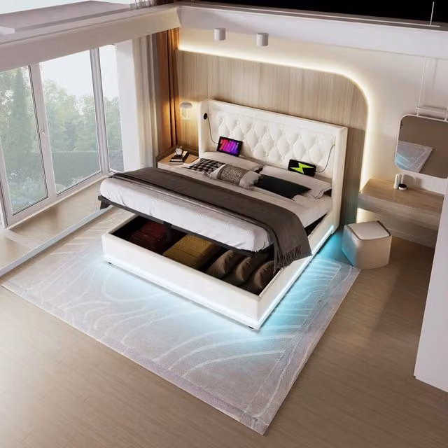 Letto Contenitore Imbottito 180x200 con LED ¨C Xylo ¨C Bianco, PU, Idraulico, USB