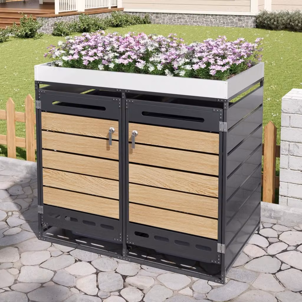 Armadio contenitore da giardino in ferro nero con fioriera a 2 scomparti, serratura e aerazione – 2
