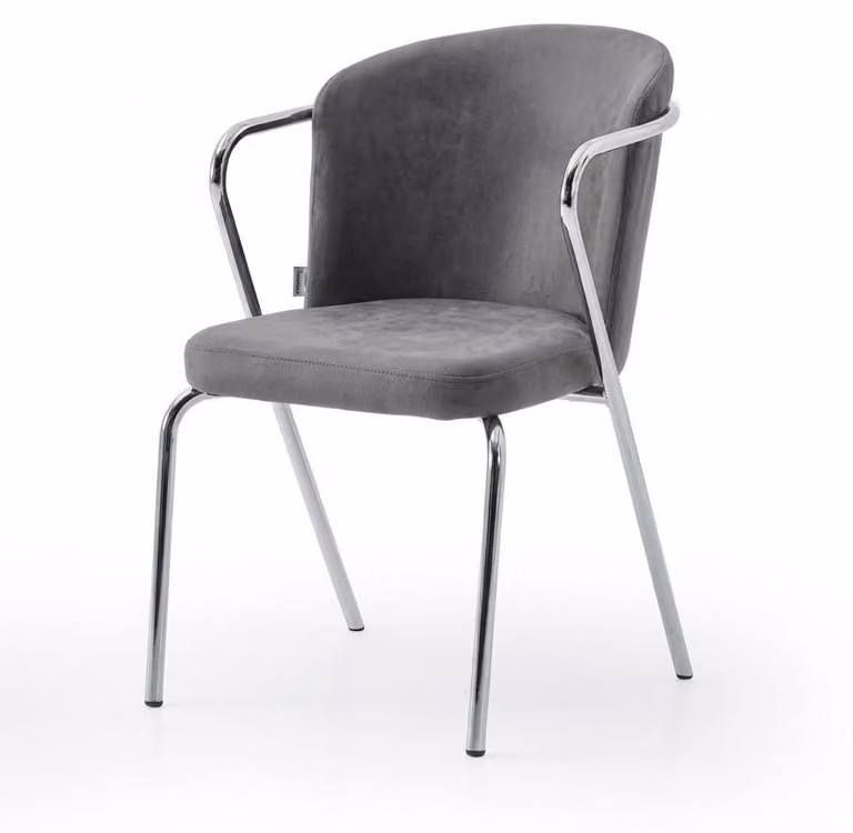 Sedia grigia, comoda, imbottita, in tessuto e metallo, stile moderno, confortevole