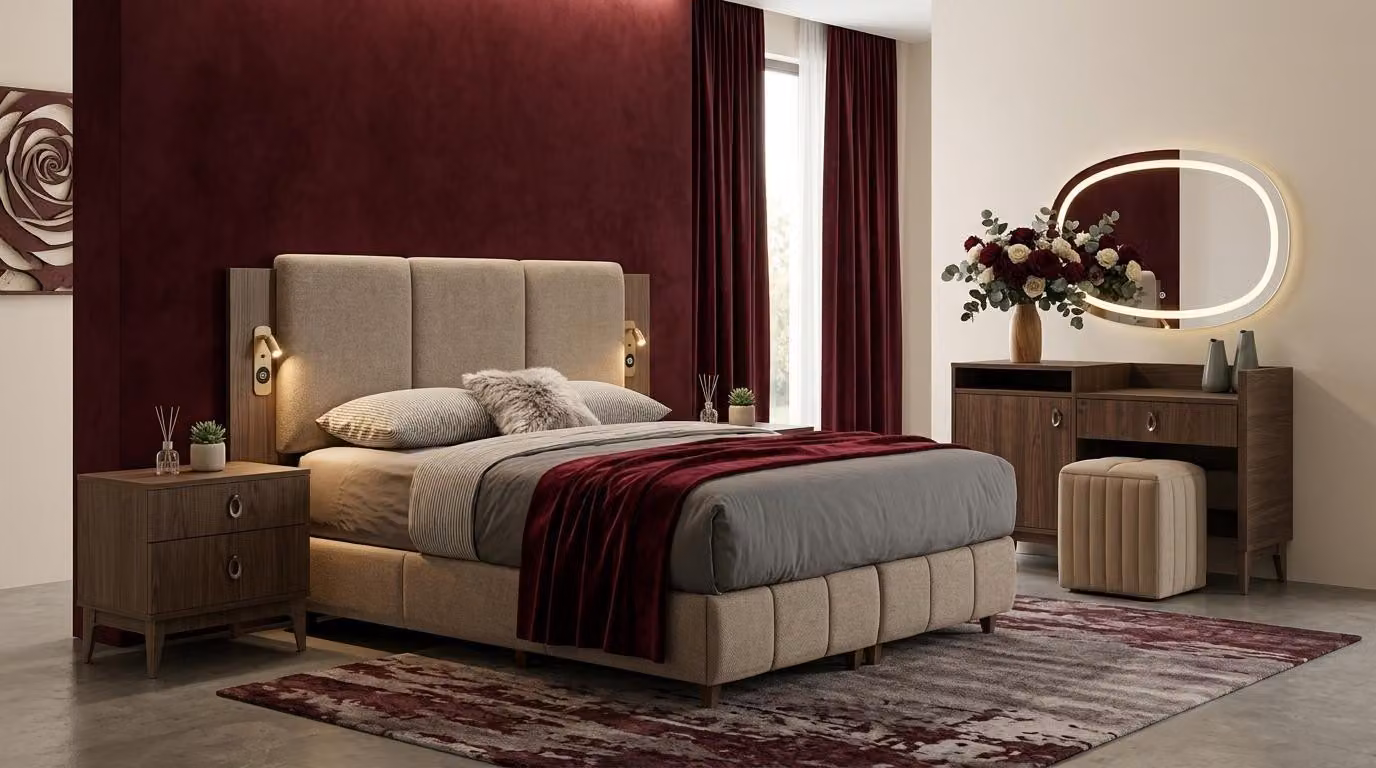Set per camera da letto: letto, testiera, 2 comodini, cassettiera