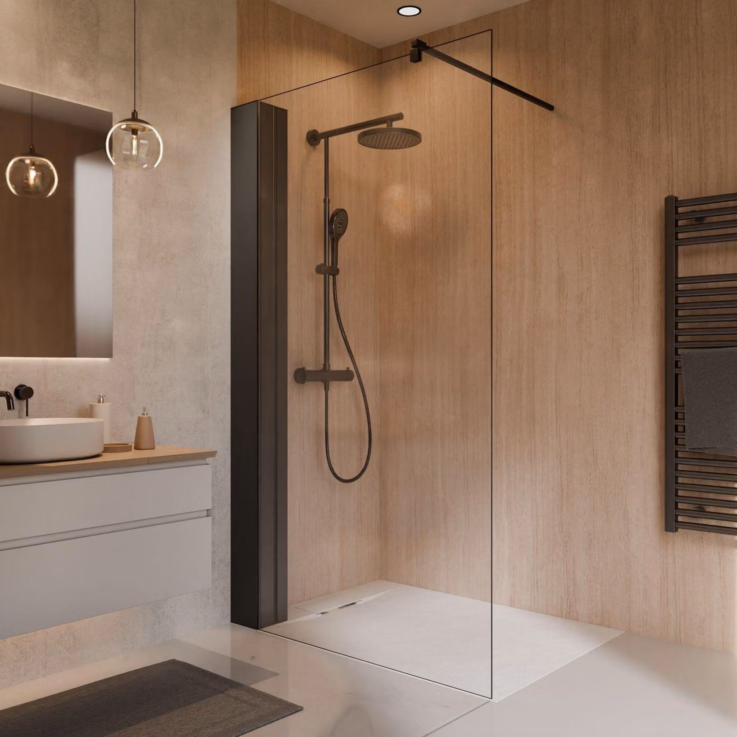 Schulte Parete doccia Toura Walk In con ripiano, 140 x 200 cm, vetro di sicurezza 8 mm, colore profilo nero opaco