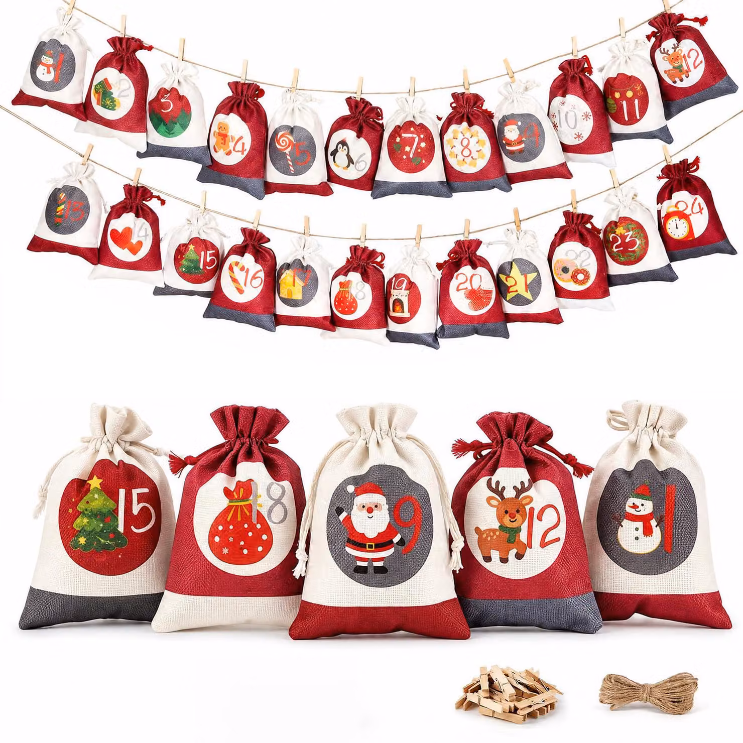 Calendario dell'Avvento in juta, set da 24, dimensioni 18x13 cm, colore rosso/beige/grigio