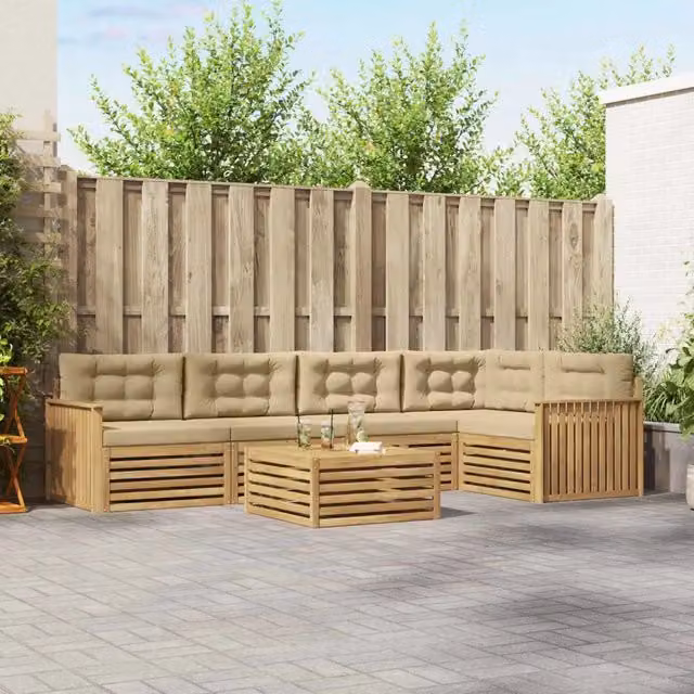 Set di divani da esterno a L con tavolino vidaXL in legno di acacia, 6 pezzi, Bianco e Beige – 1