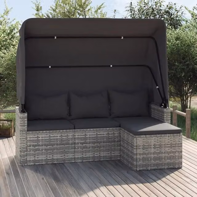 Divano Giardino 3 Posti Tetto e Poggiapiedi Grigio Polyrattan 362335