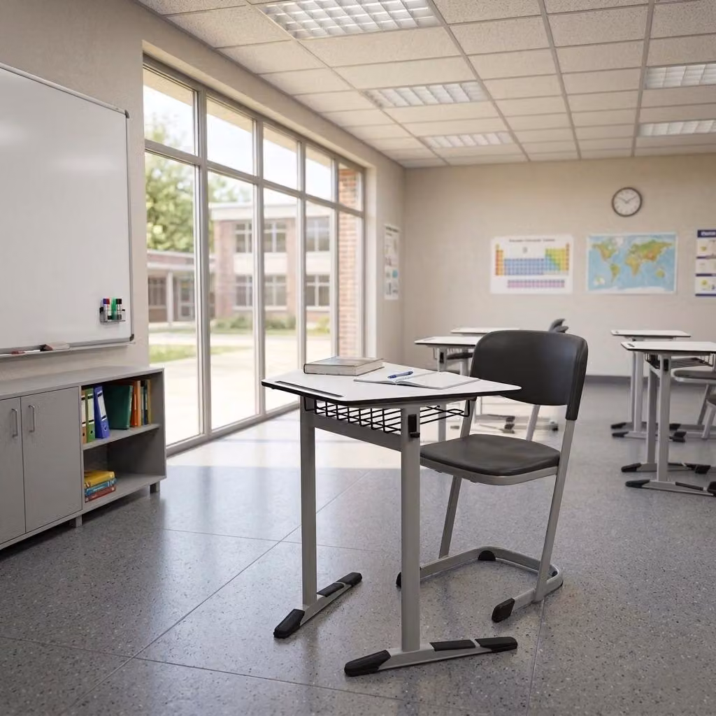 Set scolastico moderno ed ergonomico, grigio: banco da scuola nero e sedia, tavolo singolo