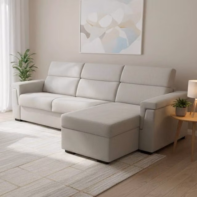 Divano Letto Ganzaria DMORA con Penisola Sfoderabile e Contenitore, Made in Italy, Beige, L/P: 285 x 160 cm