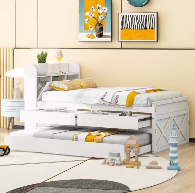 Letto singolo in legno massello 90x190 cm con letto estraibile; 2 cassetti e USB; bianco