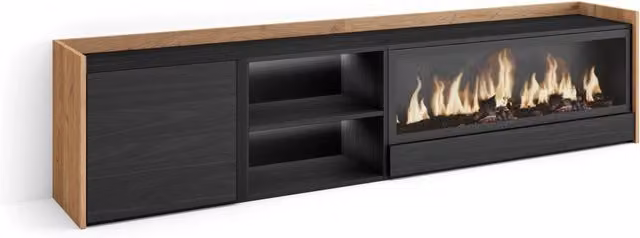 Mobile TV Soggiorno, 212x50x35 cm, Per TV fino a 80", Camino elettrico XXL, LED, Nero e rovere