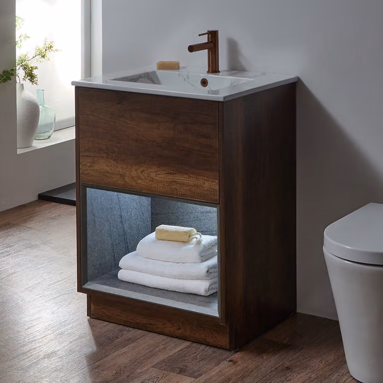 Mobile Bagno con Ripiano Aperto in Rovere Scuro da 612mm con Lavabo Effetto Marmo e Luci LED