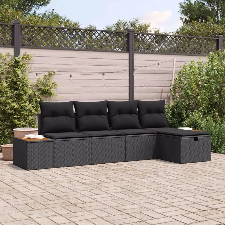 Set Divano da Giardino a L vidaXL in Polyrattan Nero con Cuscini e Ottoman, 6 Pezzi