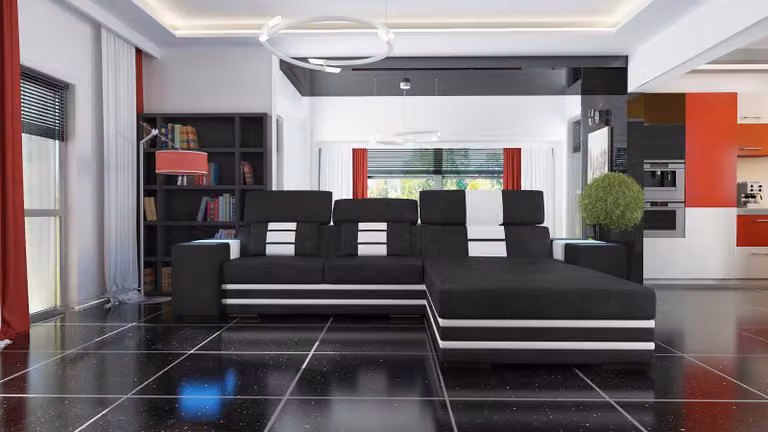 Divano angolare in pelle, completo di illuminazione, ideale per creare un'area living confortevole