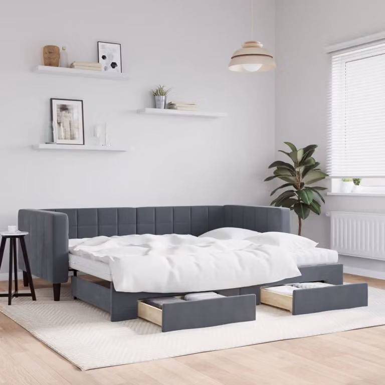 vidaXL Divano Letto con Cassetti in Velluto Grigio, L/P/H: 90 x 190 x 68 cm