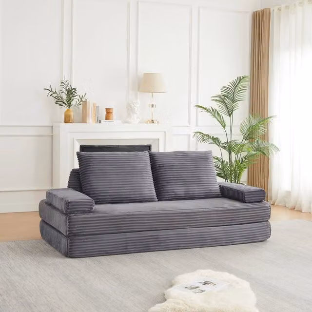 Divano Modulare REDOM Grigio in Velluto a Costine e Schiuma, Convertibile in Letto, Larghezza: 211 cm