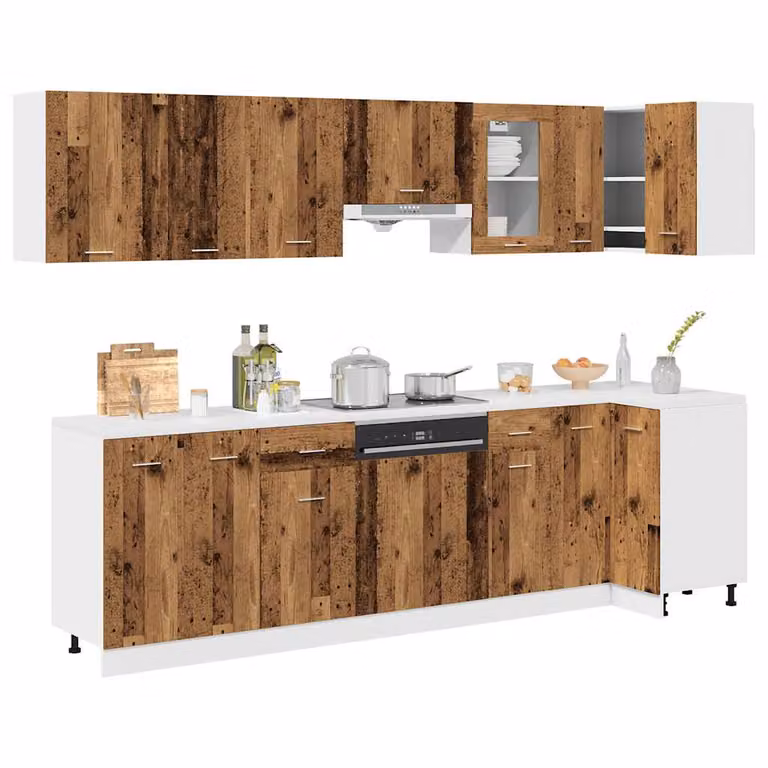 vidaXL Set di Mobili da Cucina Lyon 11 Pezzi in Legno Antico Marrone con Ante in Vetro e Ripiani Aperti