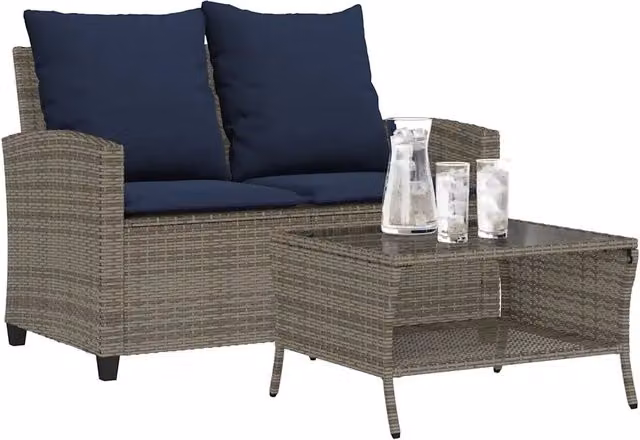 Divano da Giardino a 2 Posti Cuscini&Tavolo-Sofa da Giardino-Divano da esterno Grigio Polyrattan 131806