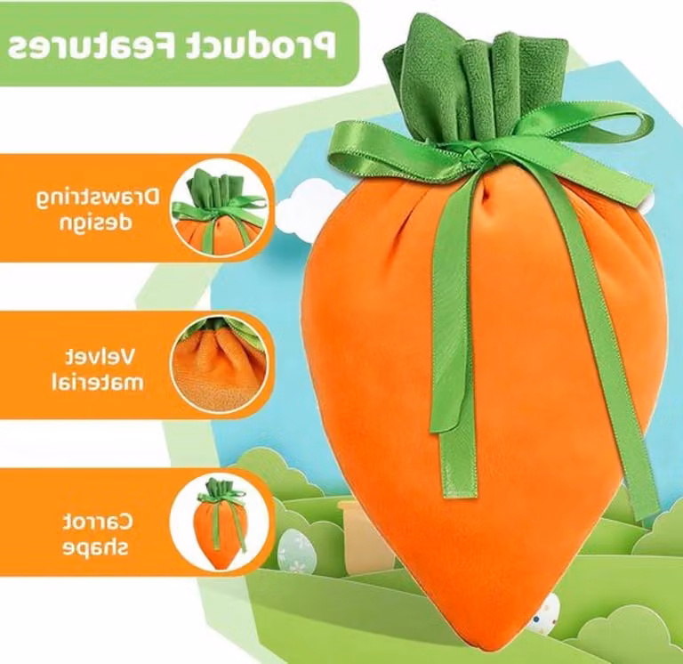 Sacchetti per le uova di Pasqua per bambini, confezione da 4, realizzati in velluto a forma di carota. Ideali come nidi di Pasqua riempibili e come decorazioni per le feste, perfetti anche come regali e accessori