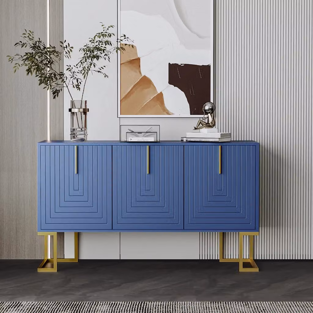 Credenza e madia OKWISH a 3 ante con ripiani regolabili e base in metallo, design moderno geometrico, blu navy – 2