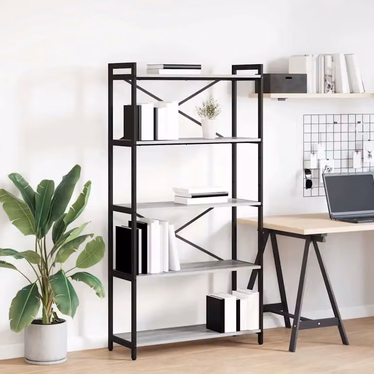 Libreria industrial vidaXL in legno ingegnerizzato e metallo, Grigio e Nero, L 80 x P 30 x H 155 cm
