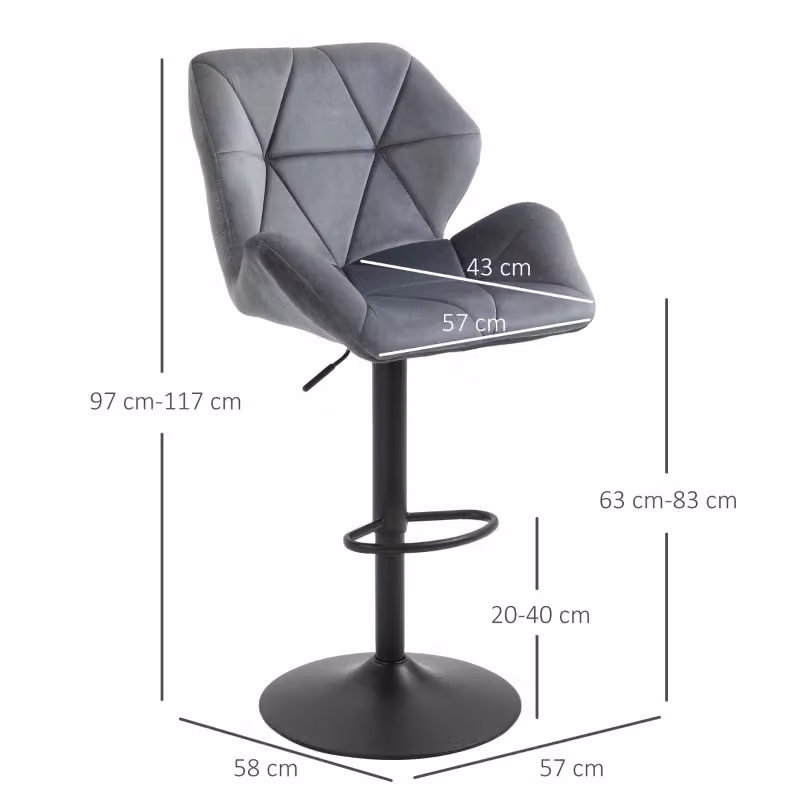 Set da 2 sgabelli da bar REDOM imbottiti in velluto grigio con seduta girevole 360 e altezza regolabile L/P/H: 57 x 58 x 97-117 cm – 2