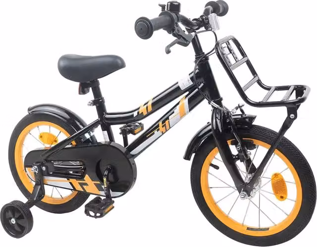 Bicicletta per bambini da 16 pollici arancione e nera con componenti in metallo e gomma