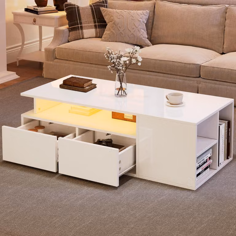 Tavolino Merax 100x50x35cm con 9 scomparti e 2 cassetti, tavolino illuminato a LED con controllo tramite app, tavolino da salotto lucido con vano portaoggetti, moderno bianco