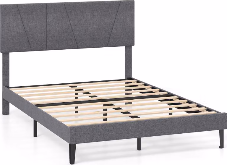 COSTWAY Letto imbottito con rete a doghe e testata regolabile in altezza in tessuto di lino, struttura letto in legno senza materasso grigio 140x200cm