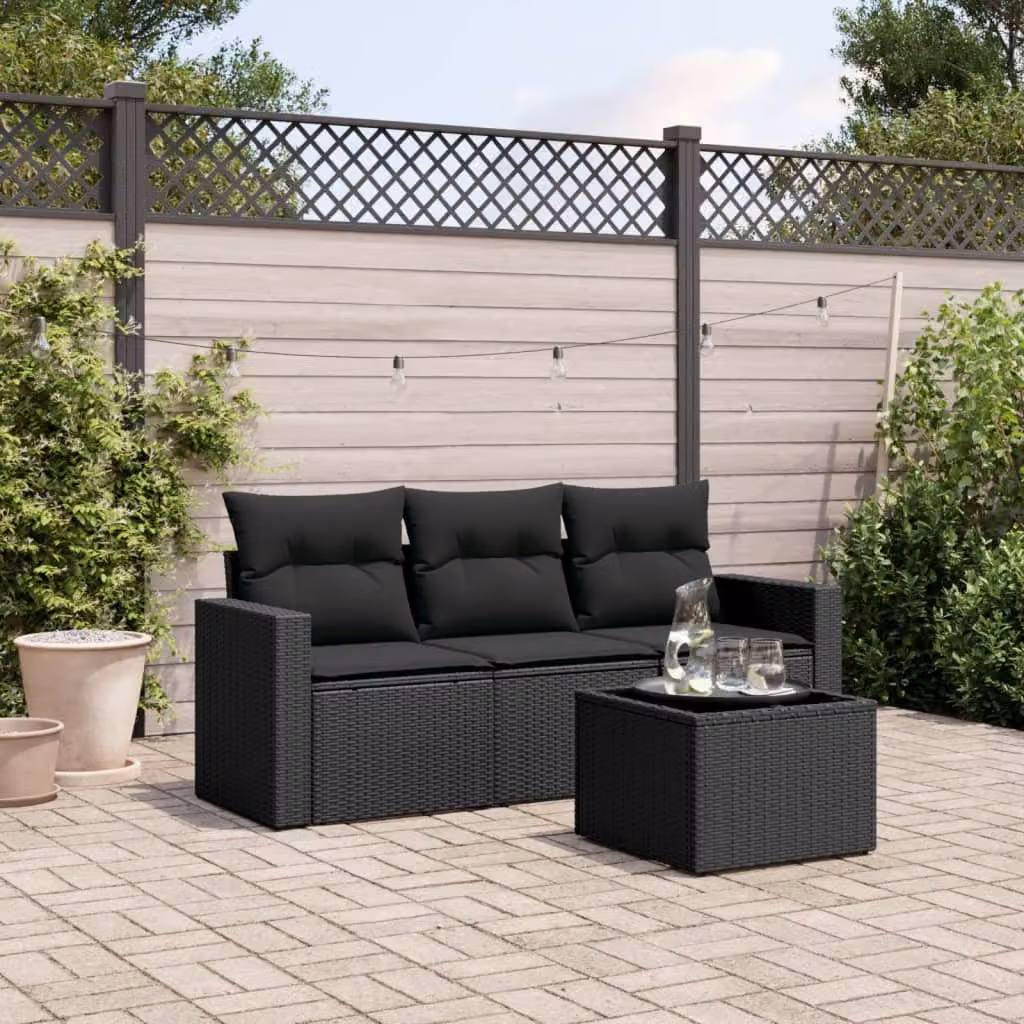 Set di Divani da Giardino vidaXL 4 Pezzi in Polyrattan Nero con Cuscini e Tavolino – 1