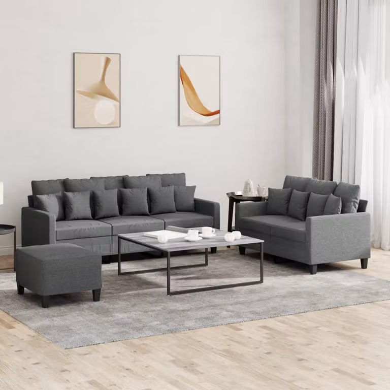 Set di divani vidaXL composto da un divano a 3 posti, un divano a 2 posti e un pouf, in tessuto grigio con cuscini inclusi per il tuo soggiorno
