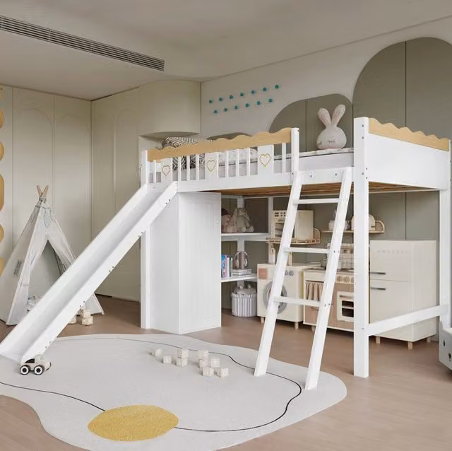 Letto a soppalco per bambini 90x200 cm con scivolo; armadio e vano contenitore; bianco/naturale