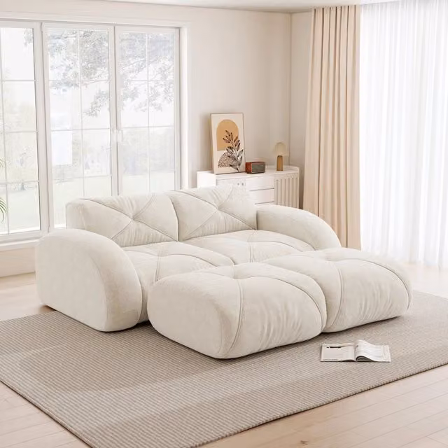 Divano modulare senza telaio in schiuma 32D e chenille beige chiaro