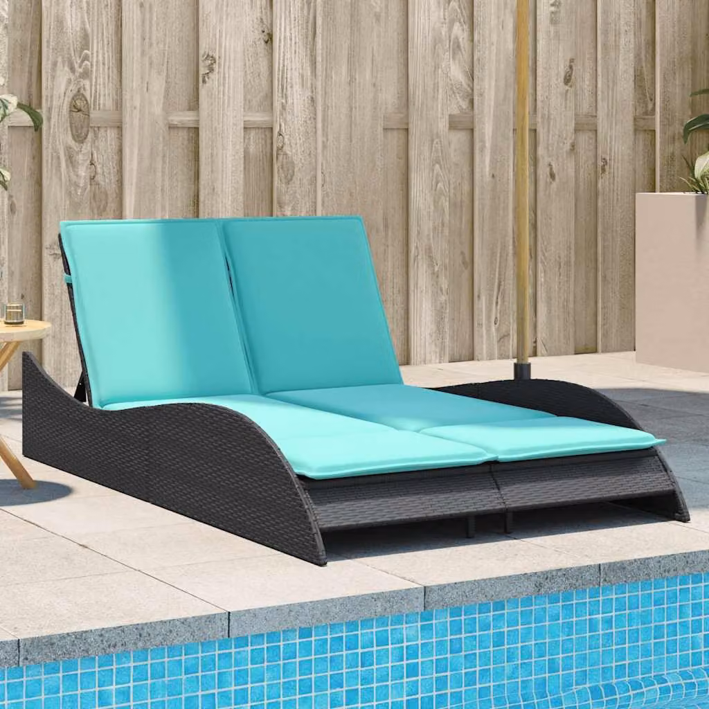 Lettino prendisole vidaXL in polyrattan nero con cuscini turchesi e poggiatesta regolabile L: 114 cm, P: 205 cm, H: 73 cm