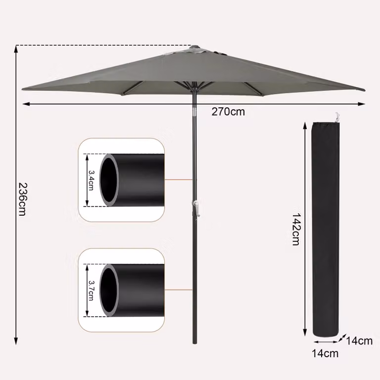 Ombrellone esagonale - Ombrellone da giardino - 270 cm - Grigio scuro - Resistente ai raggi UV - Impermeabile - Con manovella e inclinazione regolabile a 45° - Ideale per giardino, balcone e spiaggia