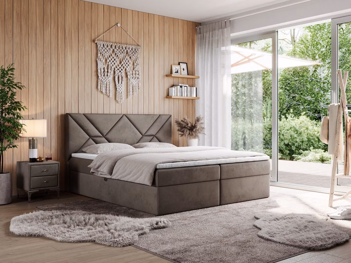 Letto boxspring MKS MEBLE 160x200 con materasso H3 e contenitore, letto matrimoniale con contenitore e topper, letto imbottito 160x200 con testiera - NEOMI - Velluto marrone - H3