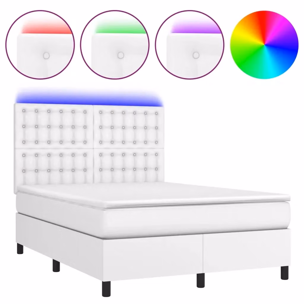 vidaXL Letto con Giroletto a Molle, Materasso Ibrido e Illuminazione LED, Rivestimento in Similpelle Bianca, L/P: 140 x 200 cm – 2