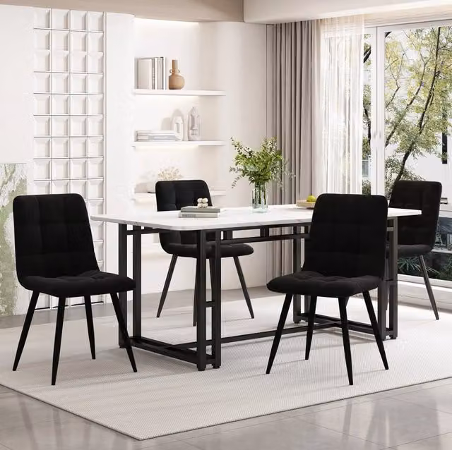 Set da pranzo moderno con tavolo 140x80 cm e 4 sedie in velluto nero con gambe in ferro